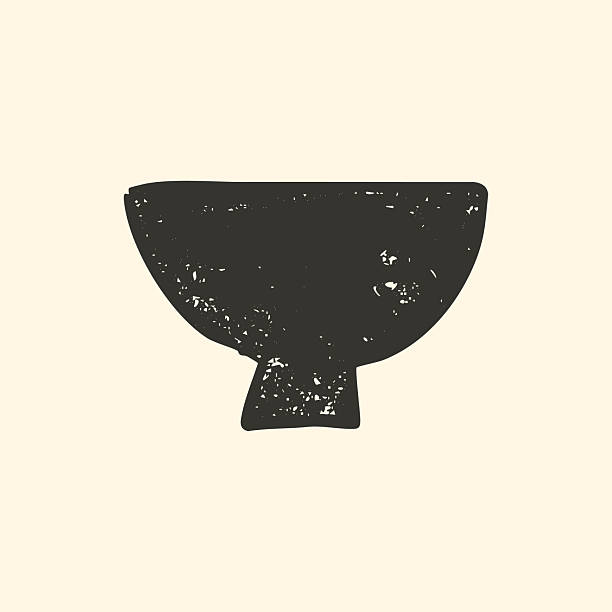 Hand drawn minimalist pottery bowl vector illustration. Rustic black ink ceramic vessel stamp with organic woodcut texture and primitive folk art.