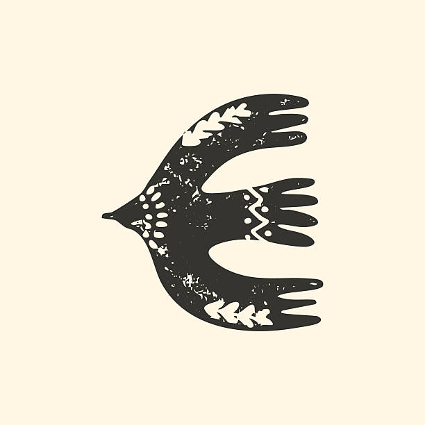 Hand drawn folk art bird vector illustration. Rustic black ink swallow stamp with organic woodcut texture and primitive ethnic pattern wing design.