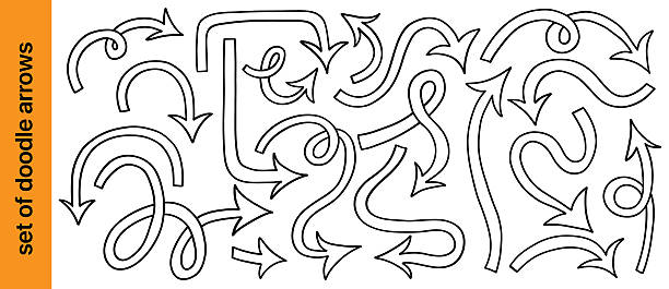 Set of bent arrow. Hand drawn doodle flip point, turn right, rotate, curve arrow direction. Vector simple illustration