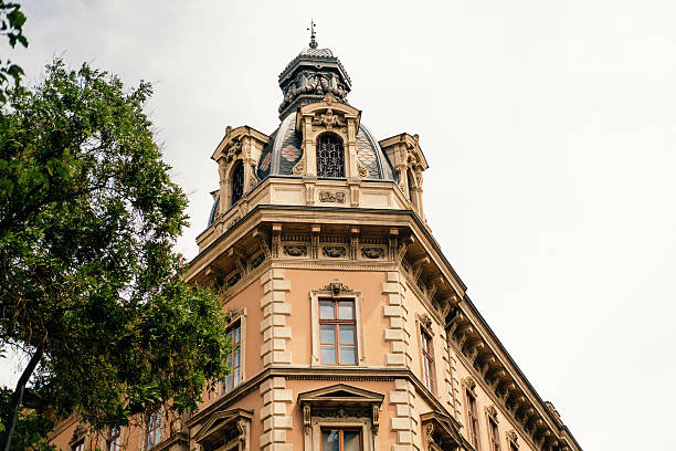 Skyward Ornate Corner Tower And Balcony, Urban Vantage, Planner Sketches Facade Restoration, Leafy Tree Frames