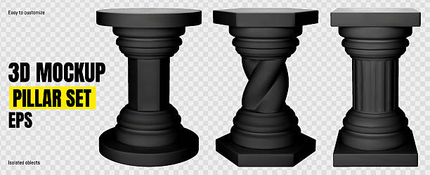 Black trophy pillar for museum. Hexagon and cylinder marble column plinth stand isolated vector. Greece cylindrical sculpture. Architecture shelf platform for business to display antique object.