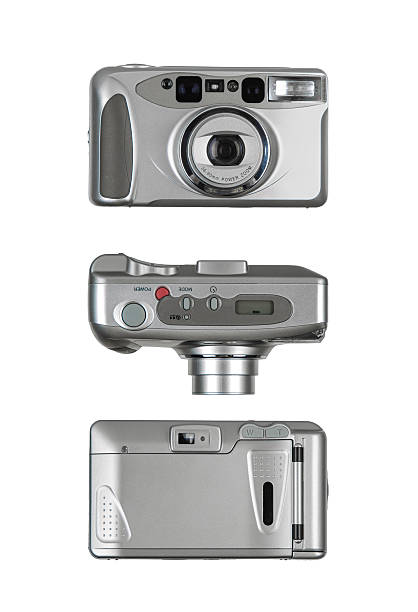 Three views of a vintage silver compact film camera isolated on white.