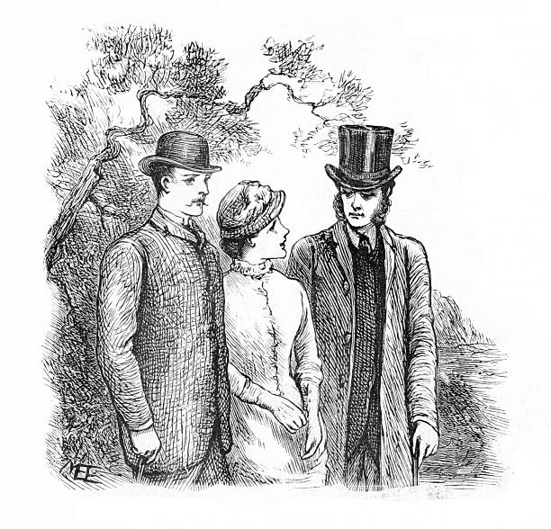 A woman walks and talks with two men. Illustration published in 1886. Original edition is from my own archives. Copyright has expired and is in Public Domain.
