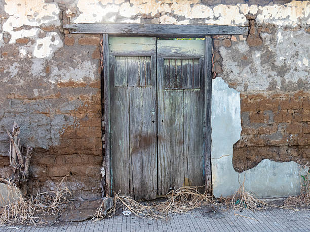 This image showcases a weathered, rustic wooden door set into an old adobe wall. The scene captures the textures and architectural details of a bygone era.
