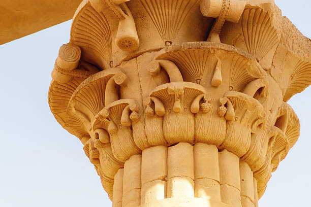 Intricate ancient Egyptian column capital carved from sandstone. Detailed botanical motifs highlight rich history