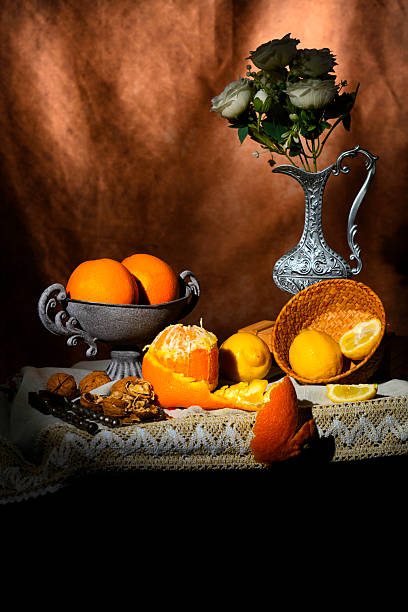 Still life with fruit, dried vegetables and objects, still life food and abstract concept
