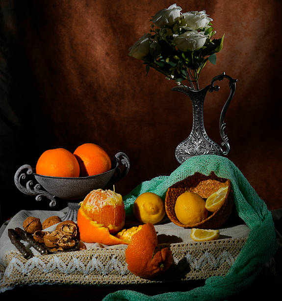 Still life with fruit, dried vegetables and objects, still life food and abstract concept