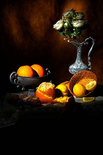 Still life with fruit, dried vegetables and objects, still life food and abstract concept