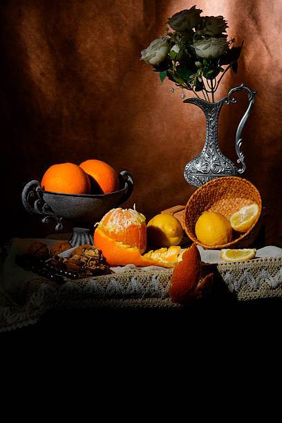 Still life with fruit, dried vegetables and objects, still life food and abstract concept
