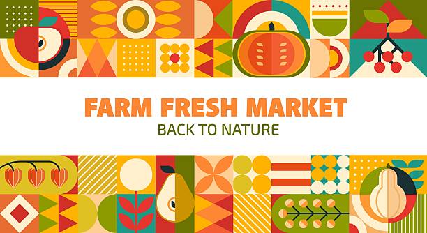 Farm market banner with fruit and vegetable geometric pattern. Back to nature vector background with fresh food as pumpkin, pear, tomato, cherry, leaf and abstract modern shapes for healthy local farm