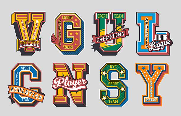 Varsity sport patch labels, retro letter badges with athletic and sports themed embellishments like stars, banners, wings and team slogans. Vector bold typography for school leagues, apparel prints