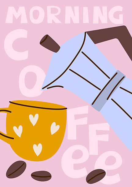 Coffee moka pot poster. Moning coffee vector background. Espresso maker pouring drink into yellow mug for cafe, shop decor, kitchen wall art illustration