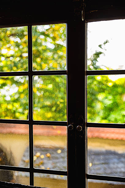 A rustic dark-framed window looks out onto a sunlit green garden through slightly dusty glass panes, producing soft bokeh highlights and a warm, peaceful atmosphere that suggests nostalgia and home.
