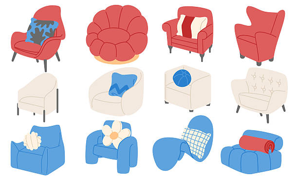 A large and colorful collection of various types of modern and classic armchairs with pillows for home and office interiors.