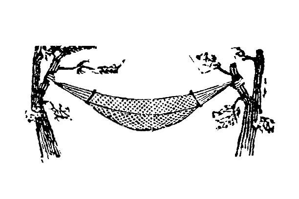 Hammock suspended between two trees, depicting a serene outdoor relaxation scene with artistic shading and fine line details, old vintage illustration, 1897.