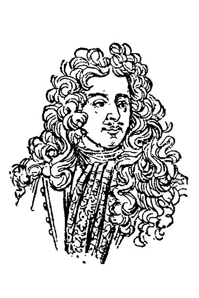 French Baroque architect Jules Hardouin-Mansart, featuring an elaborate curly periwig and detailed period clothing reflecting the ornate fashion of the late 17th and early 18th centuries, old vintage illustration, 1897.