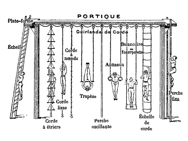 Gymnastic equipment featuring climbing ladders, hanging ropes, a trapeze, swings, and a platform, all labeled in French, showcasing the variety of apparatus used in late 19th-century physical training, old vintage illustration, 1897.