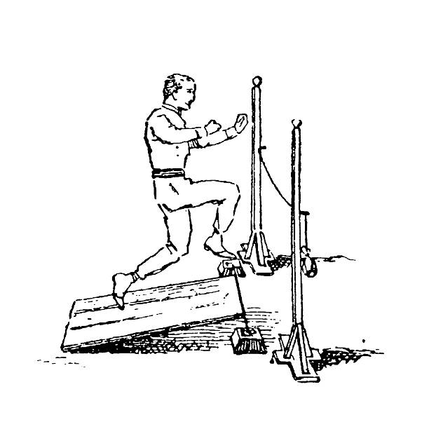 Man performing a springboard exercise, captured in mid-motion as he steps onto wooden planks with arms raised, emphasizing balance and dynamic movement, old vintage illustration, 1897