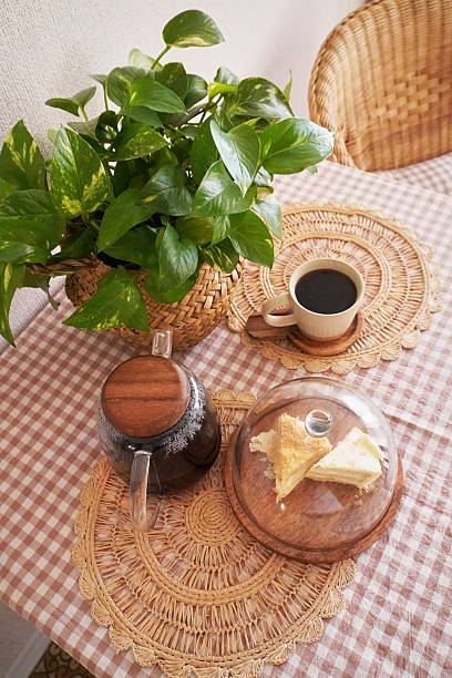 Morning Ritual of Coffee, Sandwich, and Green Plant on a Cozy Table with a Checked Tablecloth