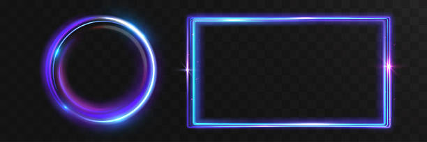 Glowing neon circle and rectangular frame with blue and purple light effects. Futuristic luminous borders with soft glow, perfect for sci-fi UI, overlays, and modern digital designs.