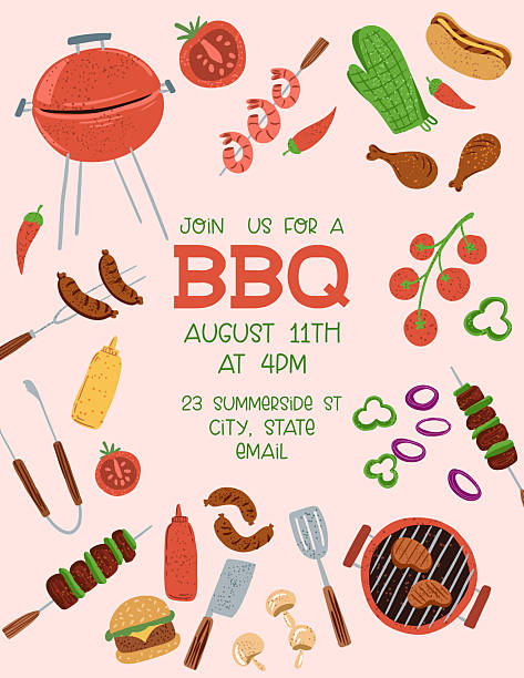 Barbecue party or potluck invitation template. Flat colors, easy to edit. Elements are contained in a clipping mask. All fonts are expanded to outlines.