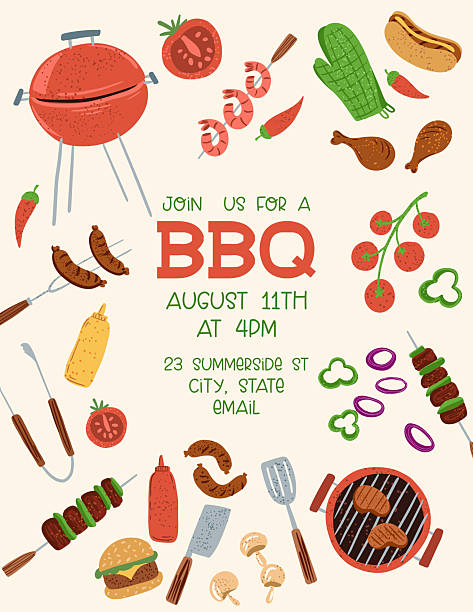 Barbecue party or potluck invitation template. Flat colors, easy to edit. Elements are contained in a clipping mask. All fonts are expanded to outlines.