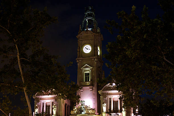Night view of of the City Hall Building in Valencia, Spain Ayuntamiento wide angle, city lights lighting