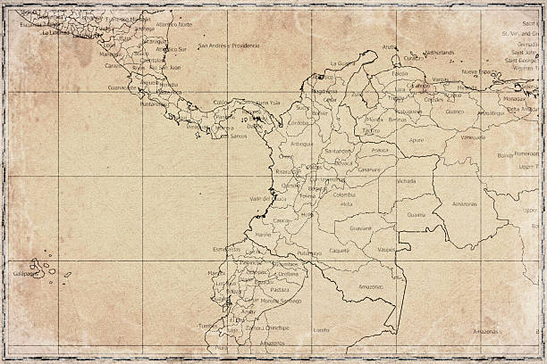 Vintage Map Of Colombia With Department Boundaries On Retro Paper Background