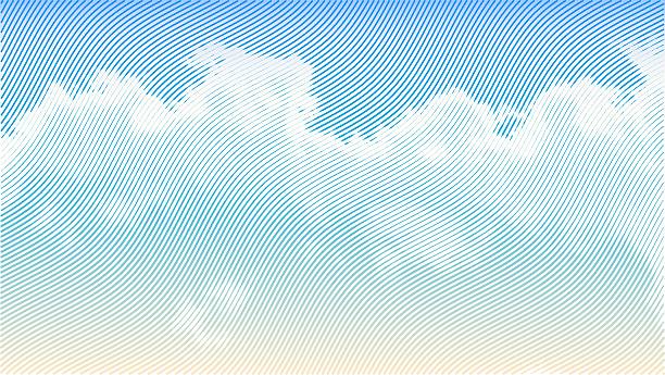 Vector diagonal stripes, blue sky and cloud pattern. Abstract linear woodcut, lino cut style retro illustration. Engraving halftone style overlay illustration