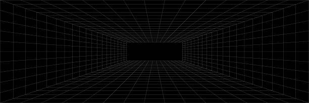 Sci-fi perspective grid landscape on black background, abstract wireframe space horizon, vector illustration