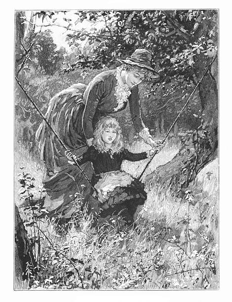 A woman pushes a girl on a swing. Illustration published 1886. Original edition is from my own archives. Copyright has expired and is in Public Domain.