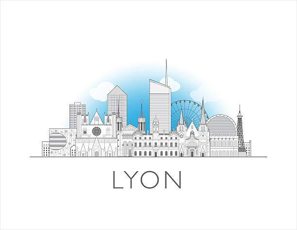 Lyon skyline, France. Urban cityscape with landmarks and monuments. Hand drawn line art digital skyline illustration.