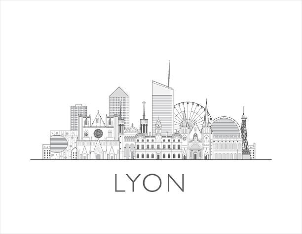 Lyon skyline, France. Urban cityscape with landmarks and monuments. Hand drawn line art digital skyline illustration.