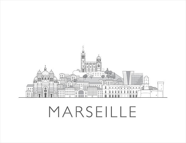Marseille skyline, France. Urban cityscape with landmarks and monuments. Hand drawn line art digital skyline illustration.