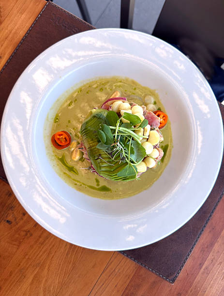 Ceviche dish from above, traditionally Chilean dish of cold fish and shellfish seafood, with avocado marinaded in citrus seasoning