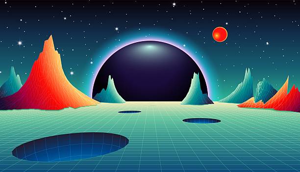 Retro futuristic grid landscape with surreal terrain, luminous black hole sun, and round crater holes