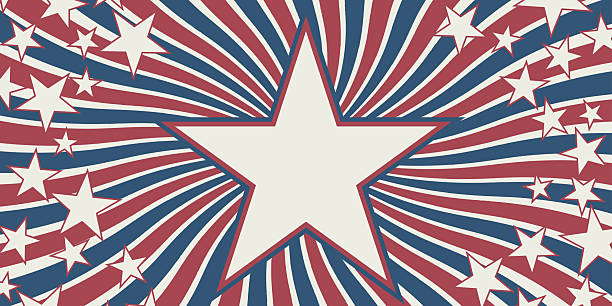Patriotic vintage background with central star and red blue radial rays Scattered stars. USA themed design perfect for Independence Day, celebrations, posters, banners, festive graphics Copy space