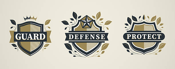 Heraldic shield symbol representing protection set, security reliability, inspired by defense systems, safety services and trust-based organizations.