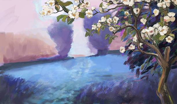 Landscape with a fruit tree in the foreground. Horizontal format