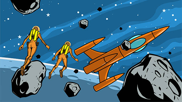 A retro style vector illustration of two astronauts floating in outer space, with asteroids, rocket ship, planet surface, and stars in the background. Wide space available for your copy. Human drawn, no generative AI was used.
