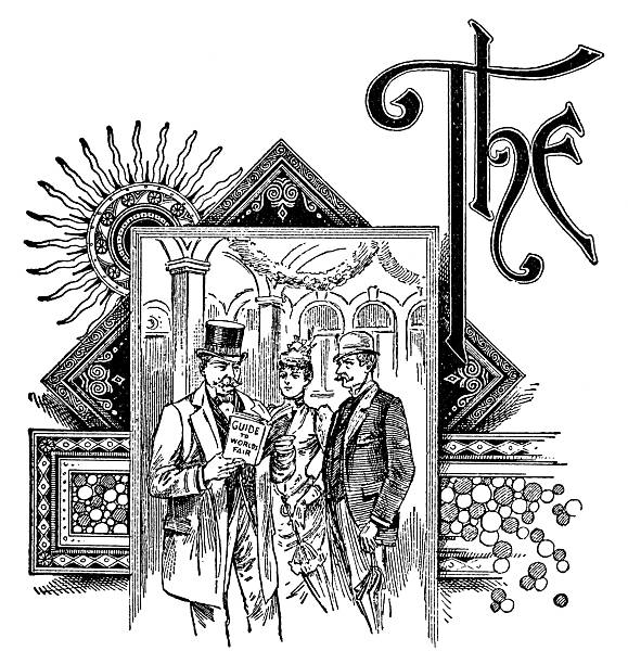Antique inhabited initial capital word “The” with tourists reading a guide to the World's Fair. Vintage etching circa 19th century.
