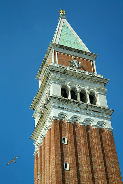 Iconic st. Mark's campanile bell tower standing tall against a clear blue sky in venice, italy with a bird flying past