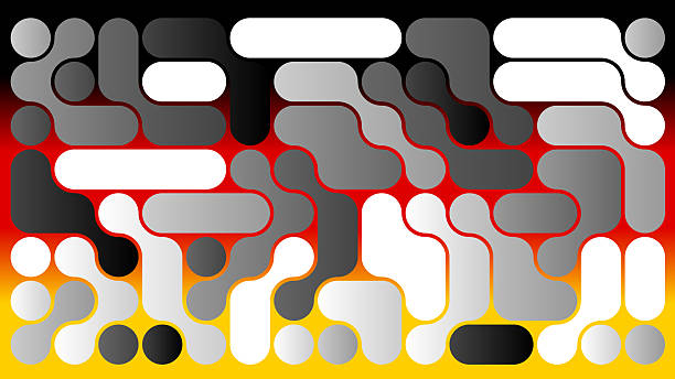 The image features a smooth pattern of rounded, organic shapes arranged in layers, using black, white, gray, red, and yellow with subtle gradients and a soft visual texture.