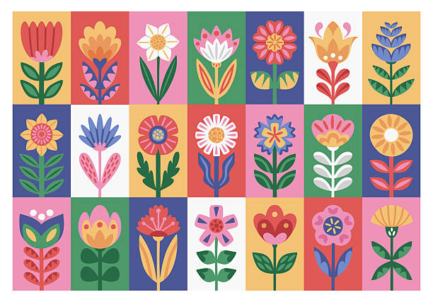 Flower grid of ornamental blooms arranged in tiled panels with bold shapes and clean geometry. Symbol of spring, nature, growth, and harmony for surface print and decor. Cartoon vector illustration.