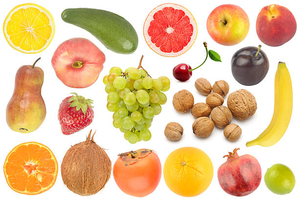 Professional high-resolution studio photograph featuring a vibrant assortment of fresh ripe fruits and nuts isolated on a clean white background with ample copy space for design projects.