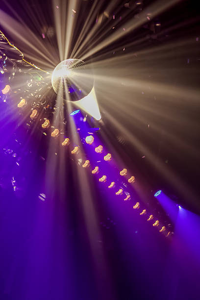 White beams of light from a disco ball, Individual lights in a two rows, and purple background light.