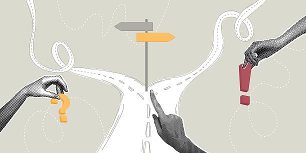 Concept of difficult choices, career path, decision making, and problem solving. Trendy halftone collage. Human hands interacting with a road and signs. An uncertain future and the direction of a business strategy. Vector illustration
