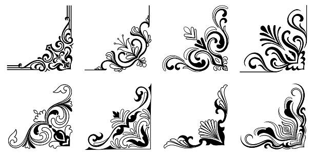 Corner decoration set, vintage design, abstract patterns, decorative lines.
