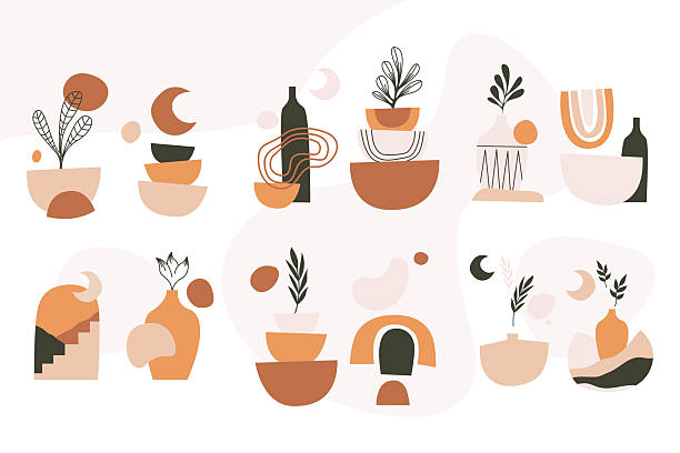 Modern boho abstract composition featuring plants, vases, and organic shapes in warm earth tone colors with a clean mid century aesthetic.