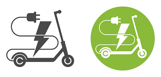 Electric scooter logo or sign design, eco-friendly sustainable transport concept. Vehicle silhouette with socket and organic leaves